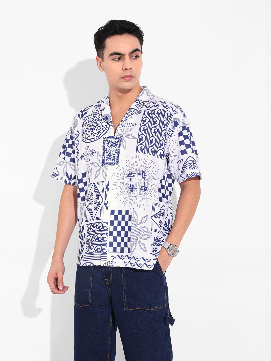 Men's Navy Blue Relaxed Fit Resort Wear Printed Shirt
