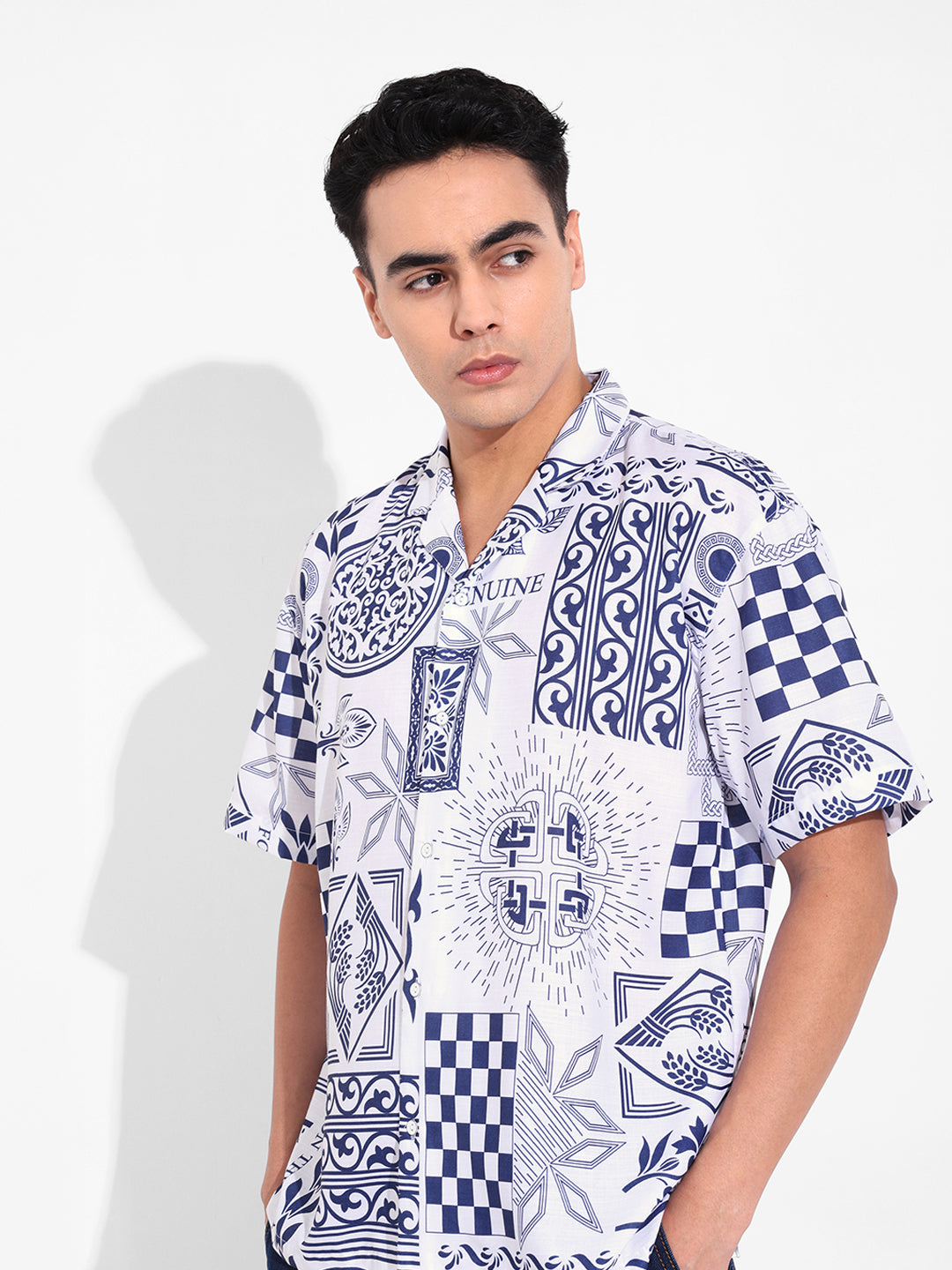 Men's Navy Blue Relaxed Fit Resort Wear Printed Shirt