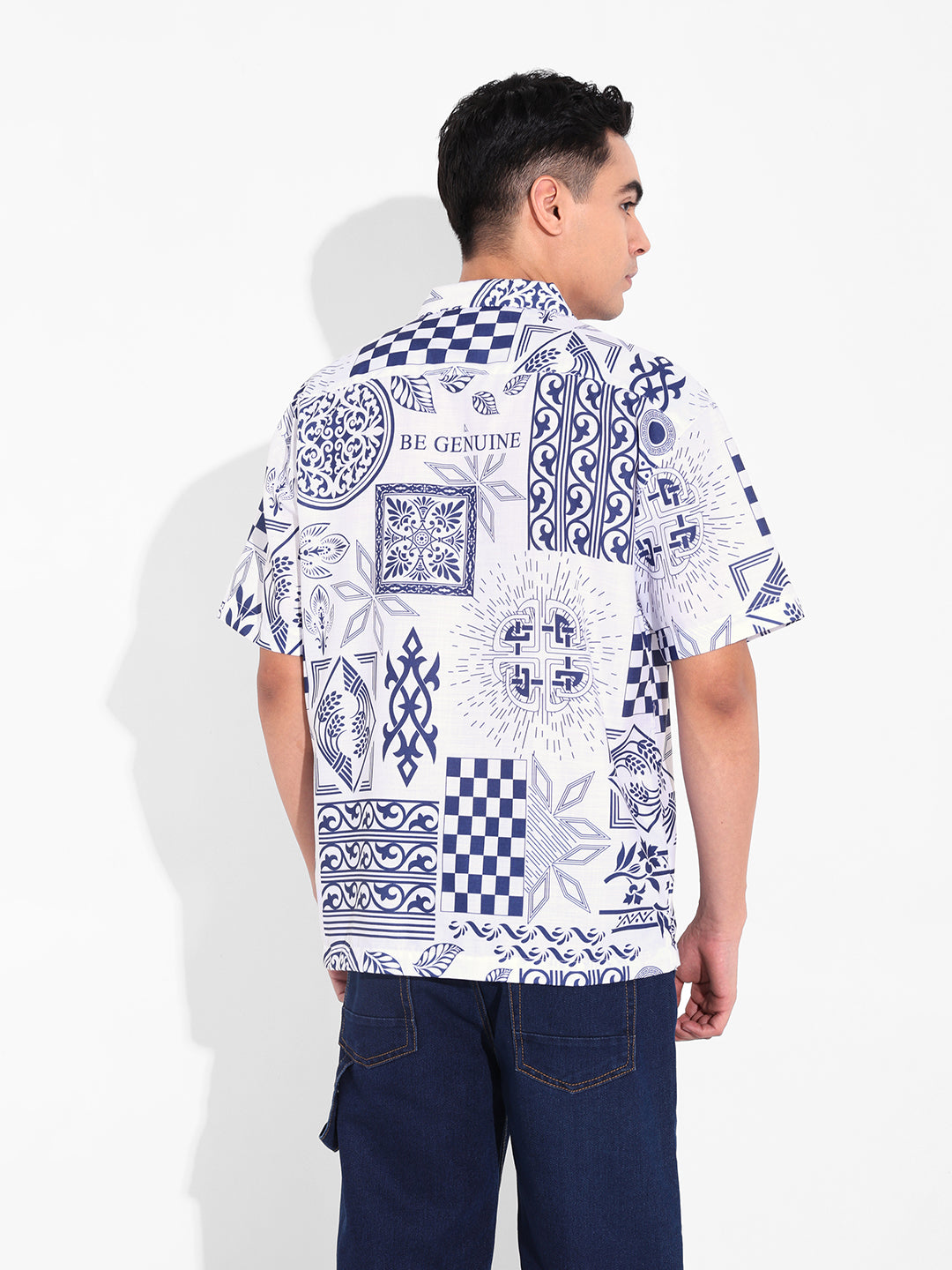 Men's Navy Blue Relaxed Fit Resort Wear Printed Shirt