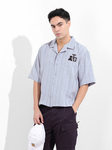 Men's Blue Boxy Fit Embroided  Casual Shirt