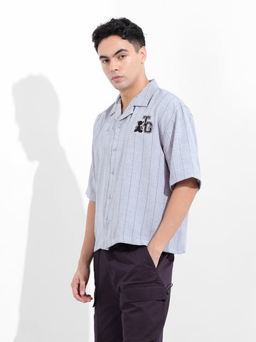 Men's Blue Boxy Fit Embroided  Casual Shirt