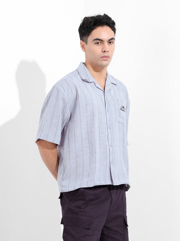 Men's Blue Boxy Fit Embroided  Casual Shirt