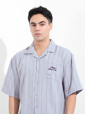 Men's Blue Boxy Fit Embroided  Casual Shirt