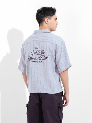 Men's Blue Boxy Fit Embroided  Casual Shirt