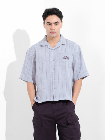 Men's Blue Boxy Fit Embroided  Casual Shirt