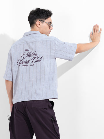Men's Blue Boxy Fit Embroided  Casual Shirt