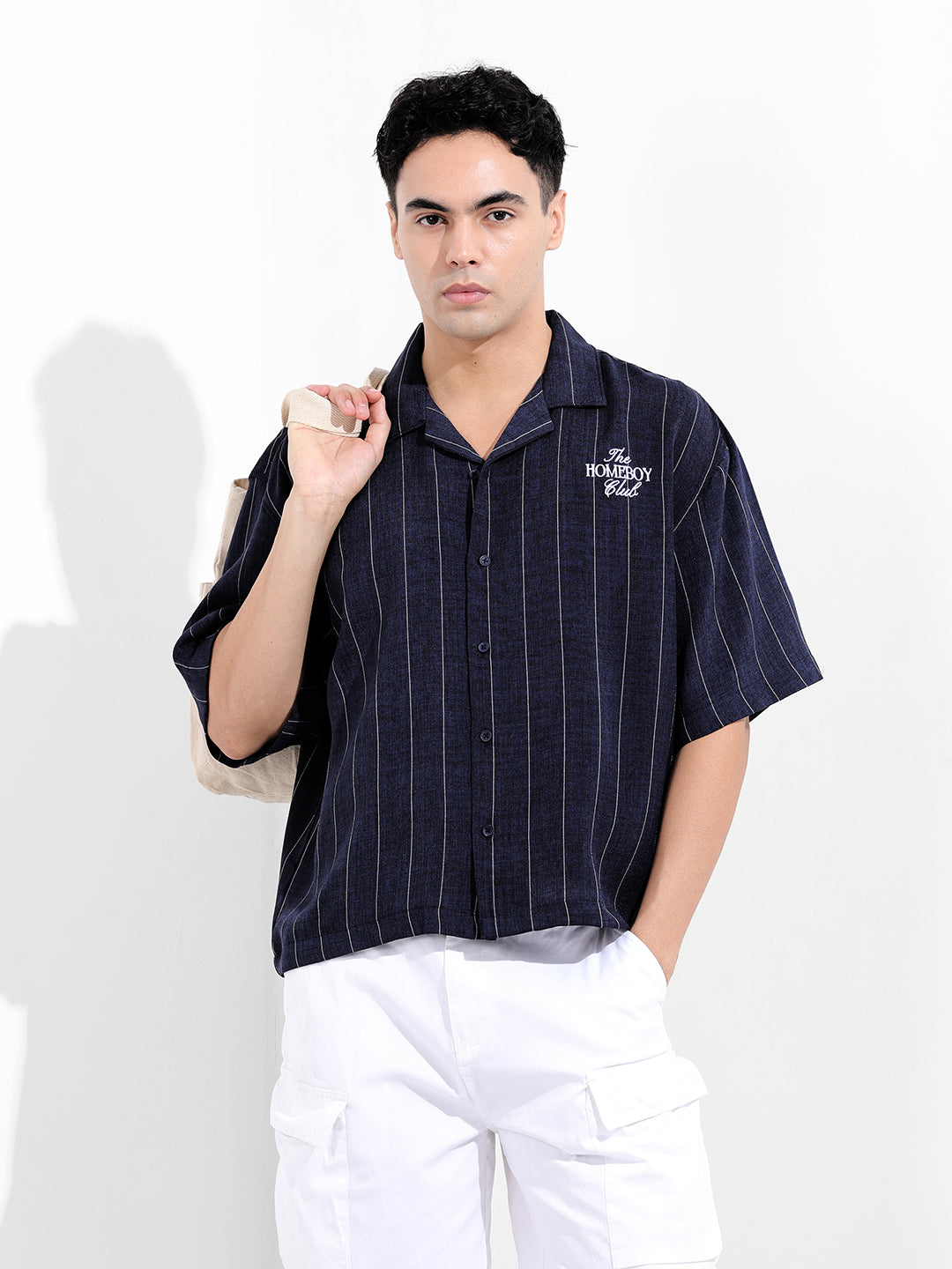 Men's Navy Blue Boxy Fit Striped Casual Shirt