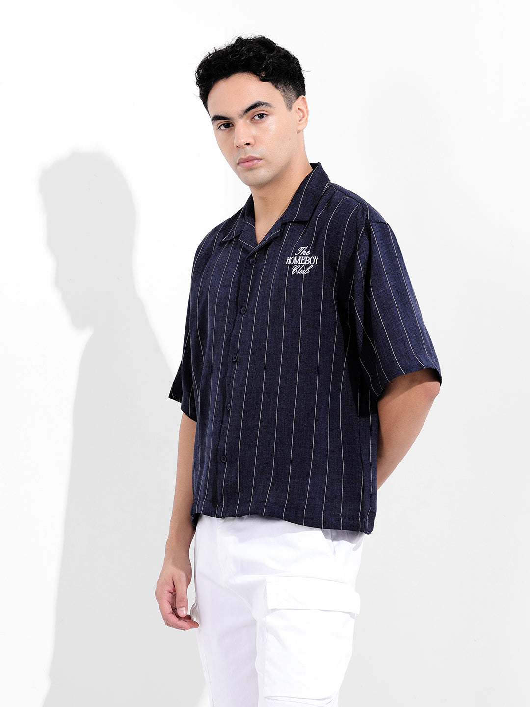 Men's Navy Blue Boxy Fit Striped Casual Shirt