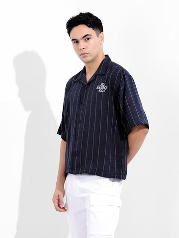 Men's Navy Blue Boxy Fit Striped Casual Shirt