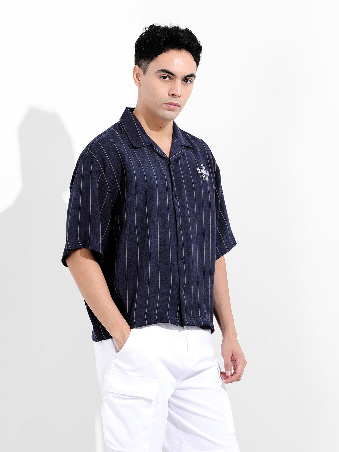 Men's Navy Blue Boxy Fit Striped Casual Shirt