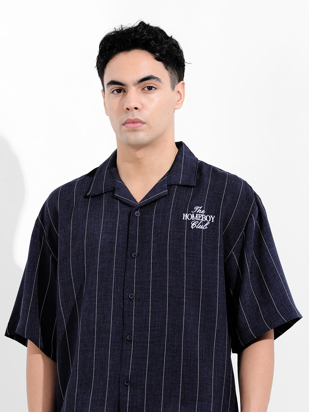 Men's Navy Blue Boxy Fit Striped Casual Shirt