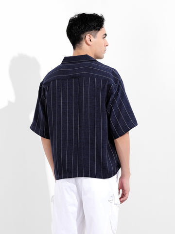 Men's Navy Blue Boxy Fit Striped Casual Shirt