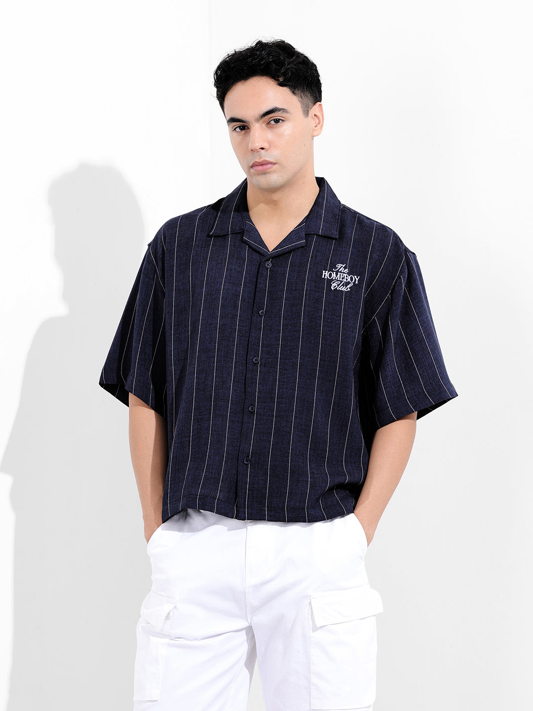 Men's Navy Blue Boxy Fit Striped Casual Shirt