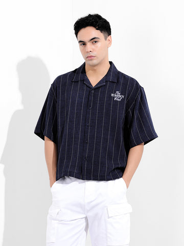 Men's Navy Blue Boxy Fit Striped Casual Shirt