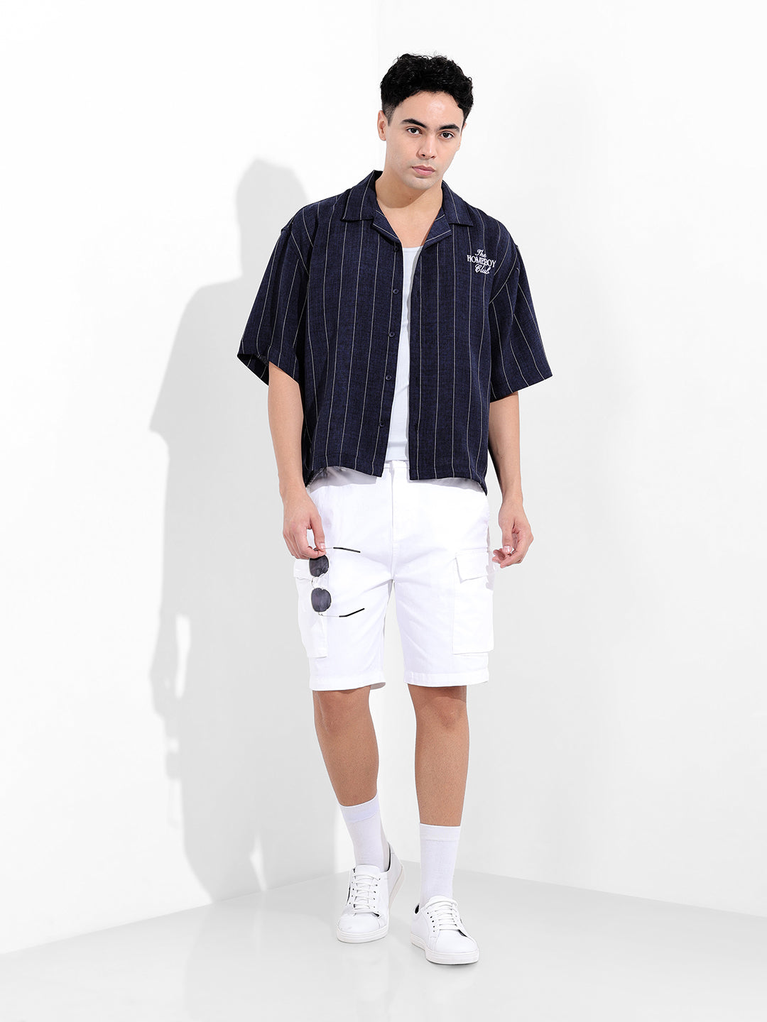 Men's Navy Blue Boxy Fit Striped Casual Shirt