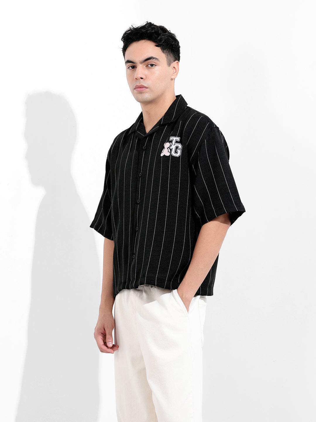 Men's Black Boxy Fit Striped Casual Shirt