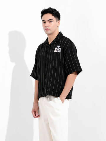 Men's Black Boxy Fit Striped Casual Shirt