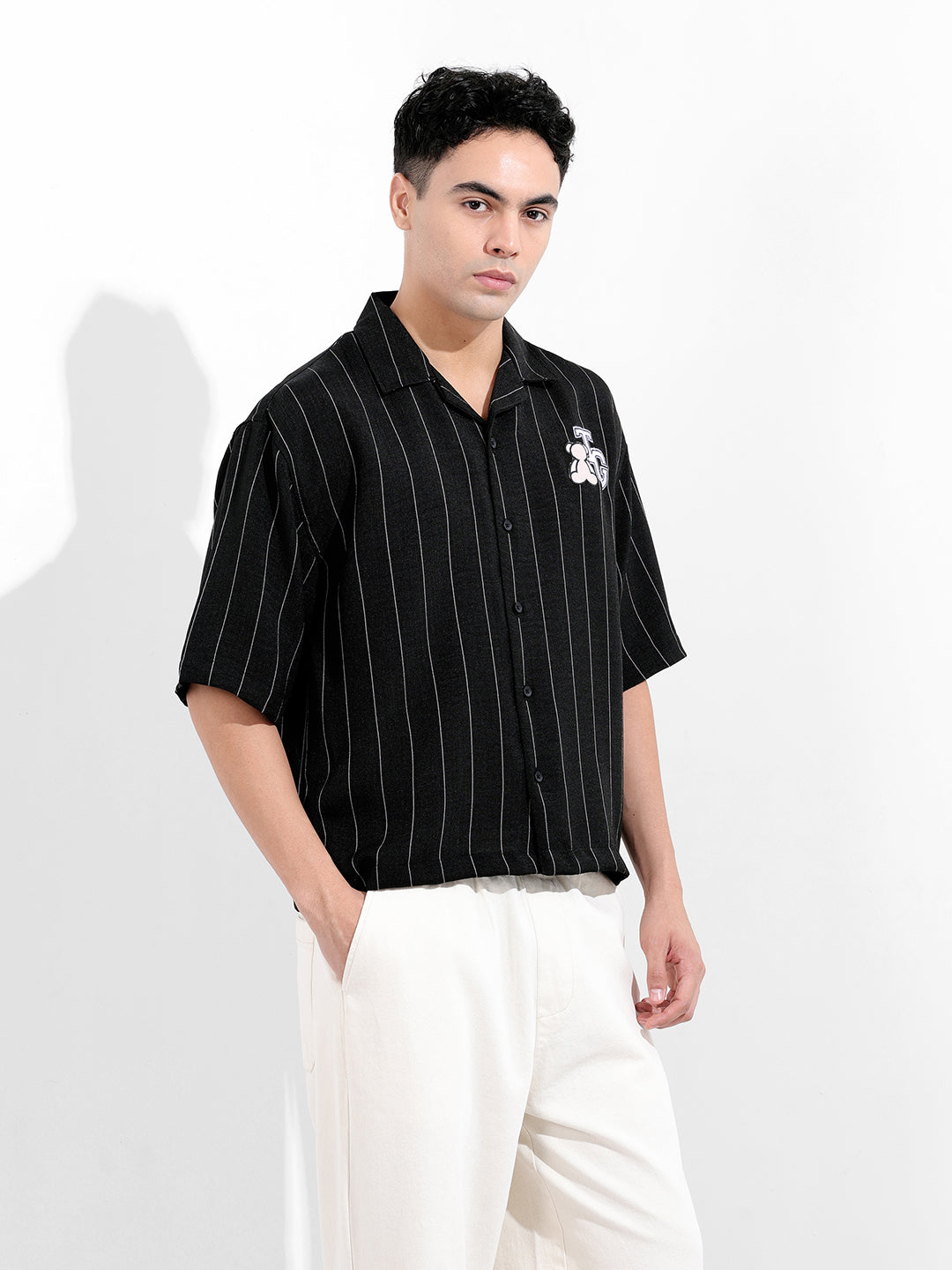 Men's Black Boxy Fit Striped Casual Shirt