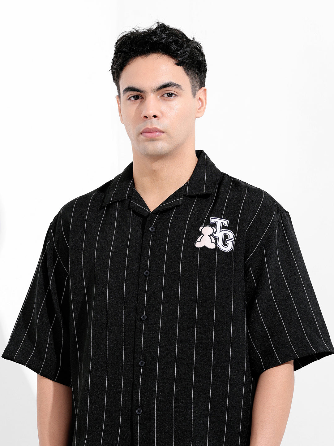 Men's Black Boxy Fit Striped Casual Shirt