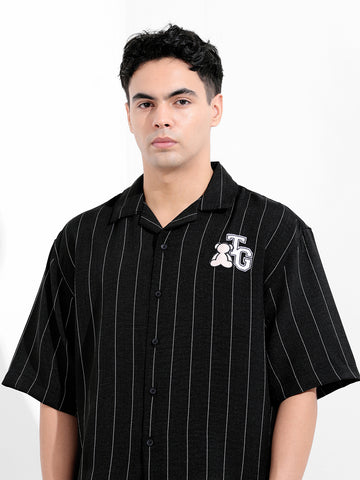 Men's Black Boxy Fit Striped Casual Shirt