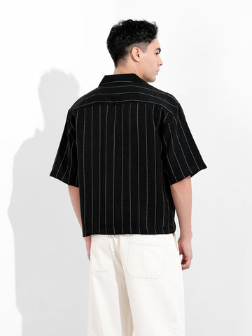 Men's Black Boxy Fit Striped Casual Shirt