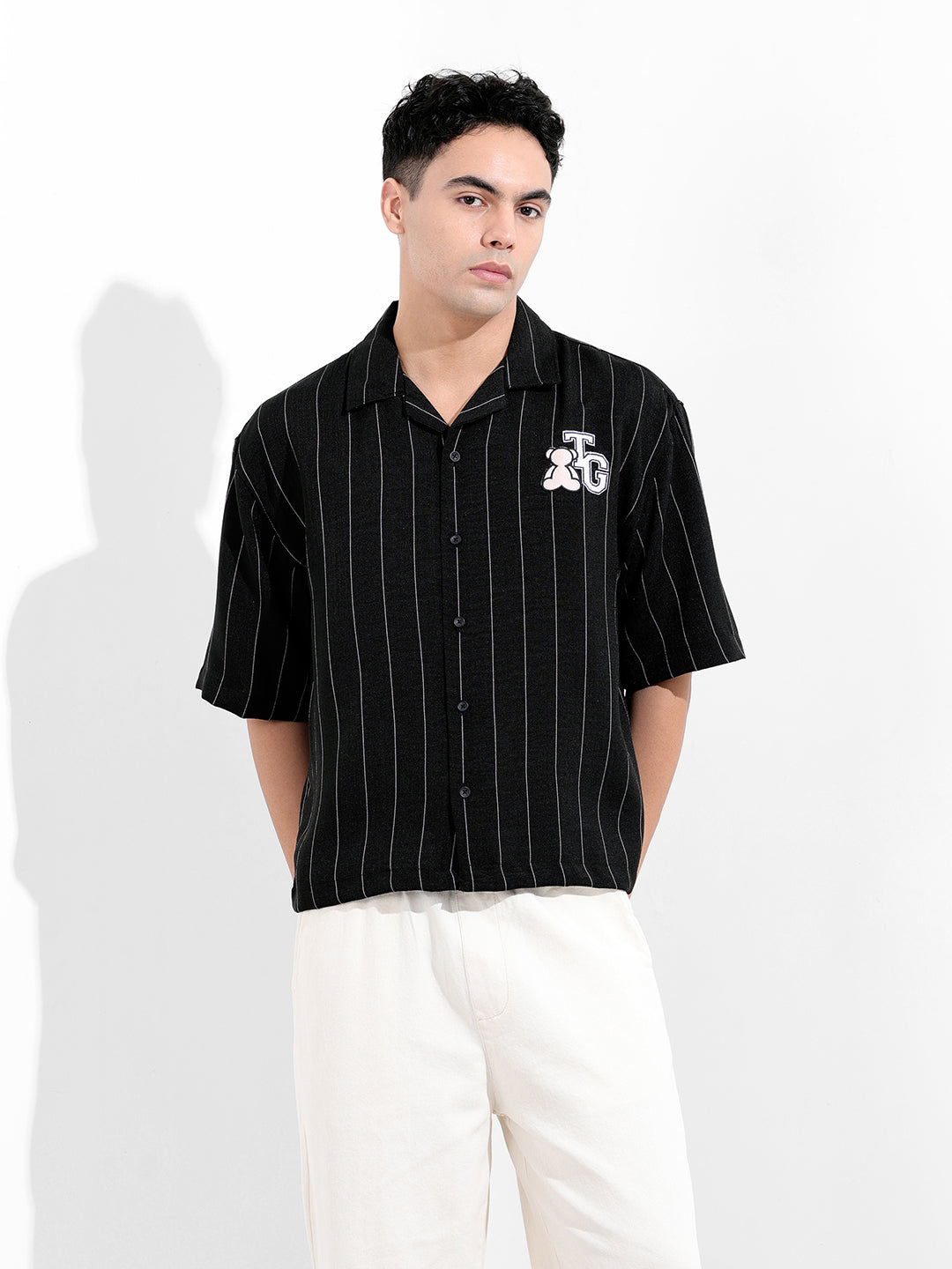 Men's Black Boxy Fit Striped Casual Shirt