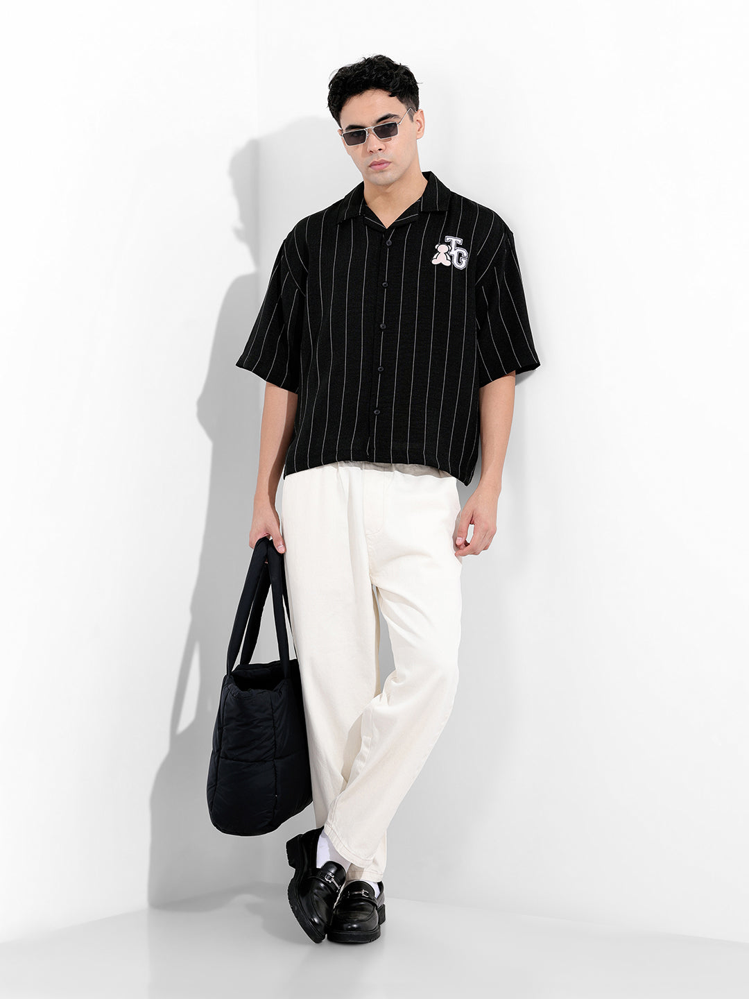 Men's Black Boxy Fit Striped Casual Shirt
