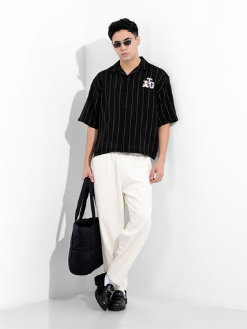 Men's Black Boxy Fit Striped Casual Shirt