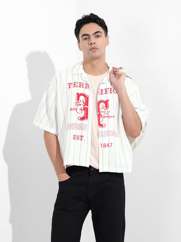Men's White Boxy Fit Striped Casual Shirt