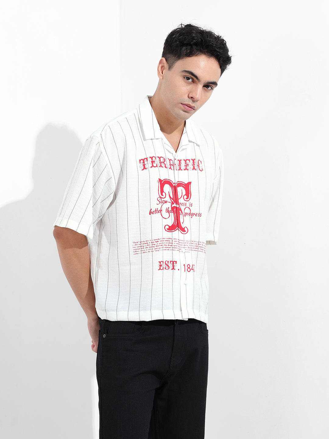 Men's White Boxy Fit Striped Casual Shirt