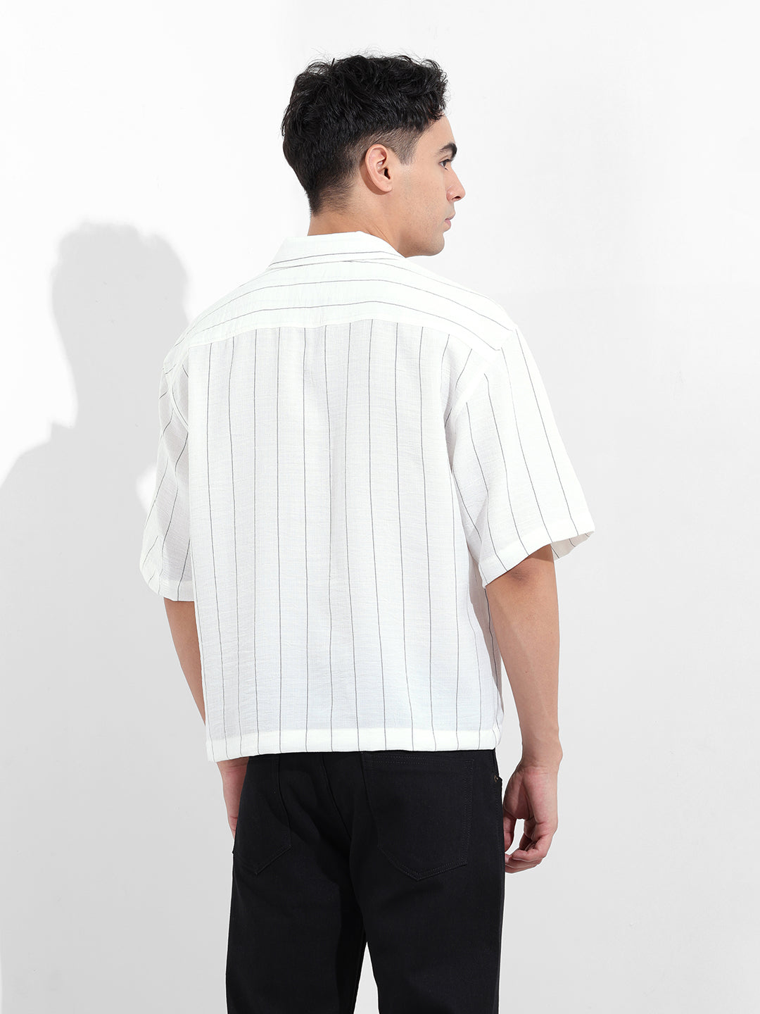 Men's White Boxy Fit Striped Casual Shirt