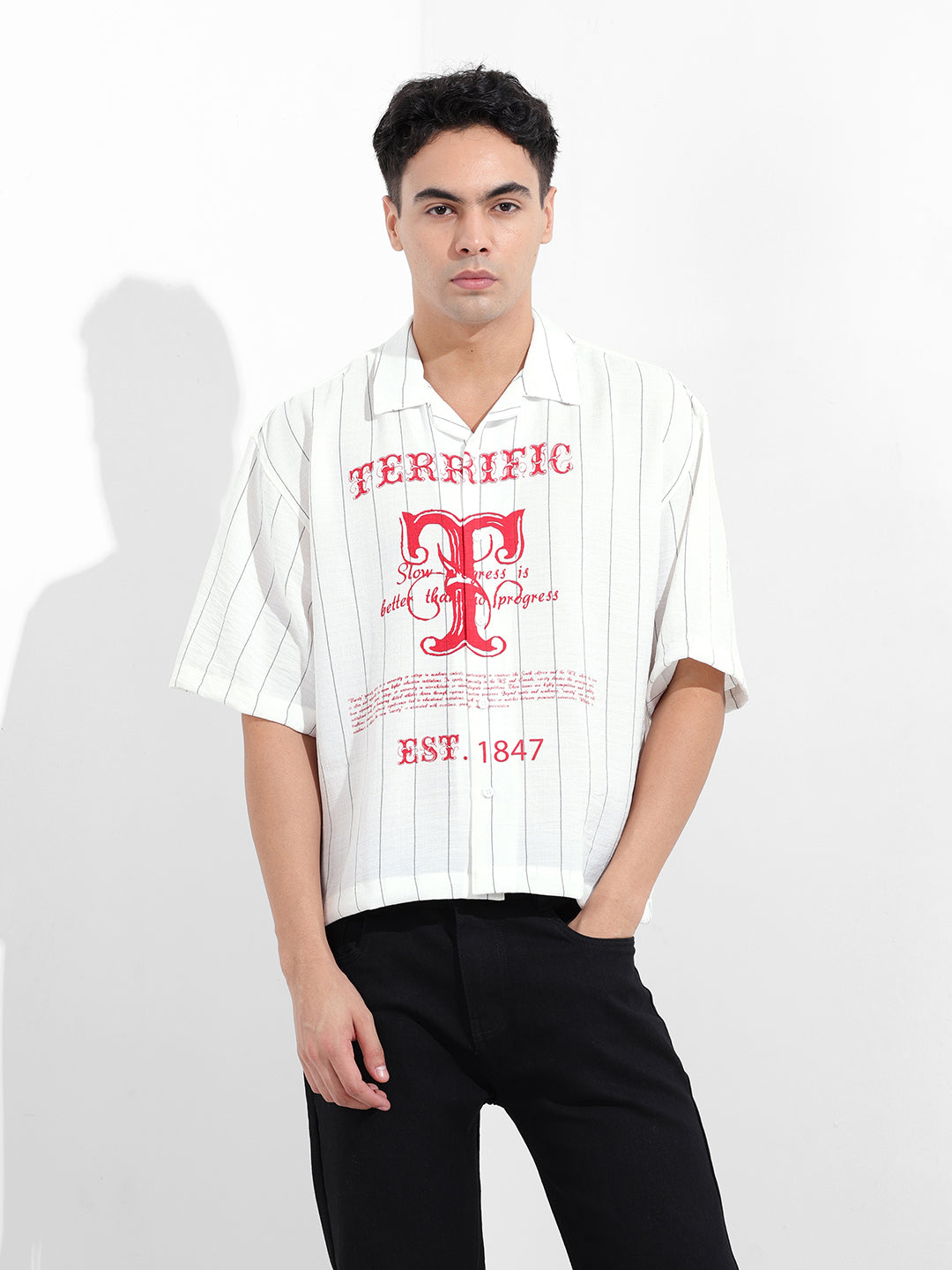 Men's White Boxy Fit Striped Casual Shirt