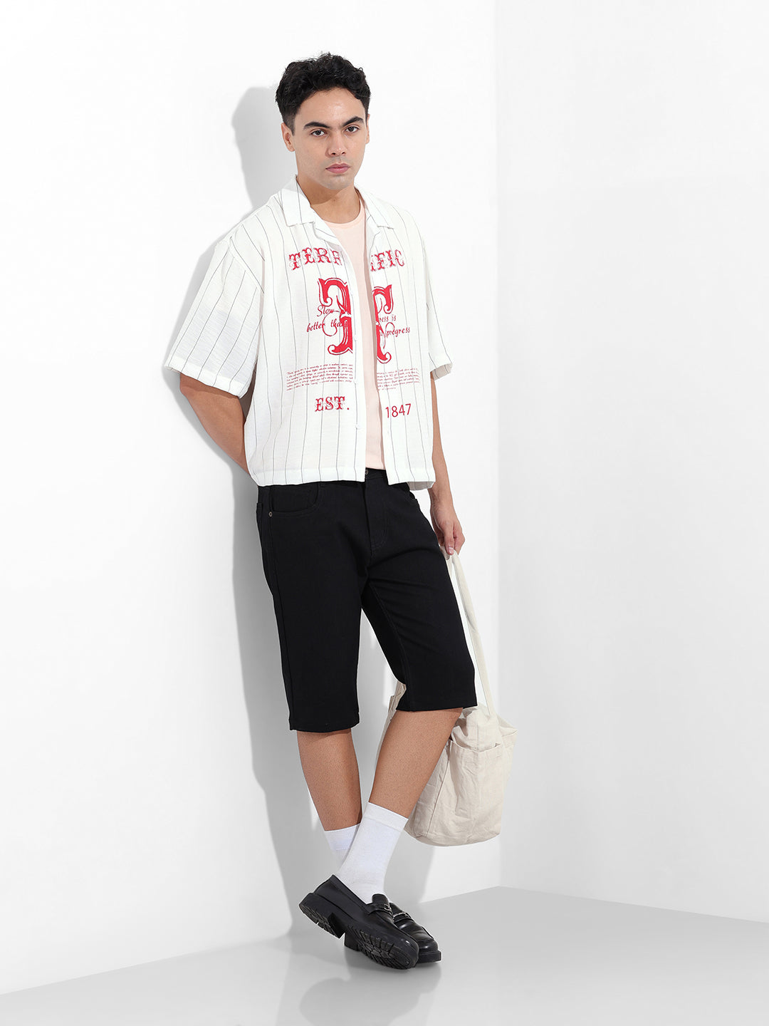 Men's White Boxy Fit Striped Casual Shirt