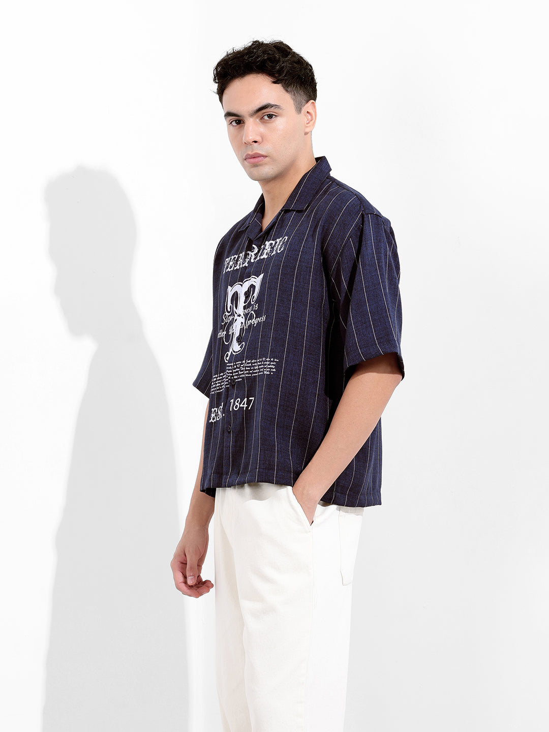 Men's Navy Blue Boxy Fit Striped Casual Shirt