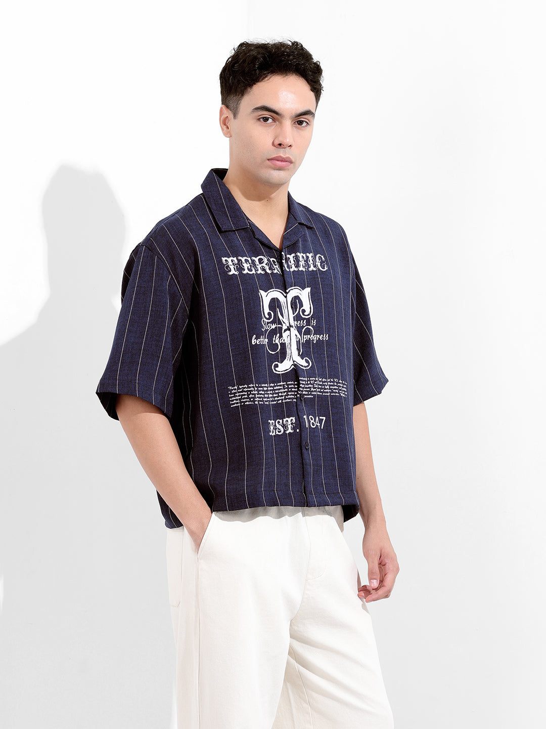 Men's Navy Blue Boxy Fit Striped Casual Shirt