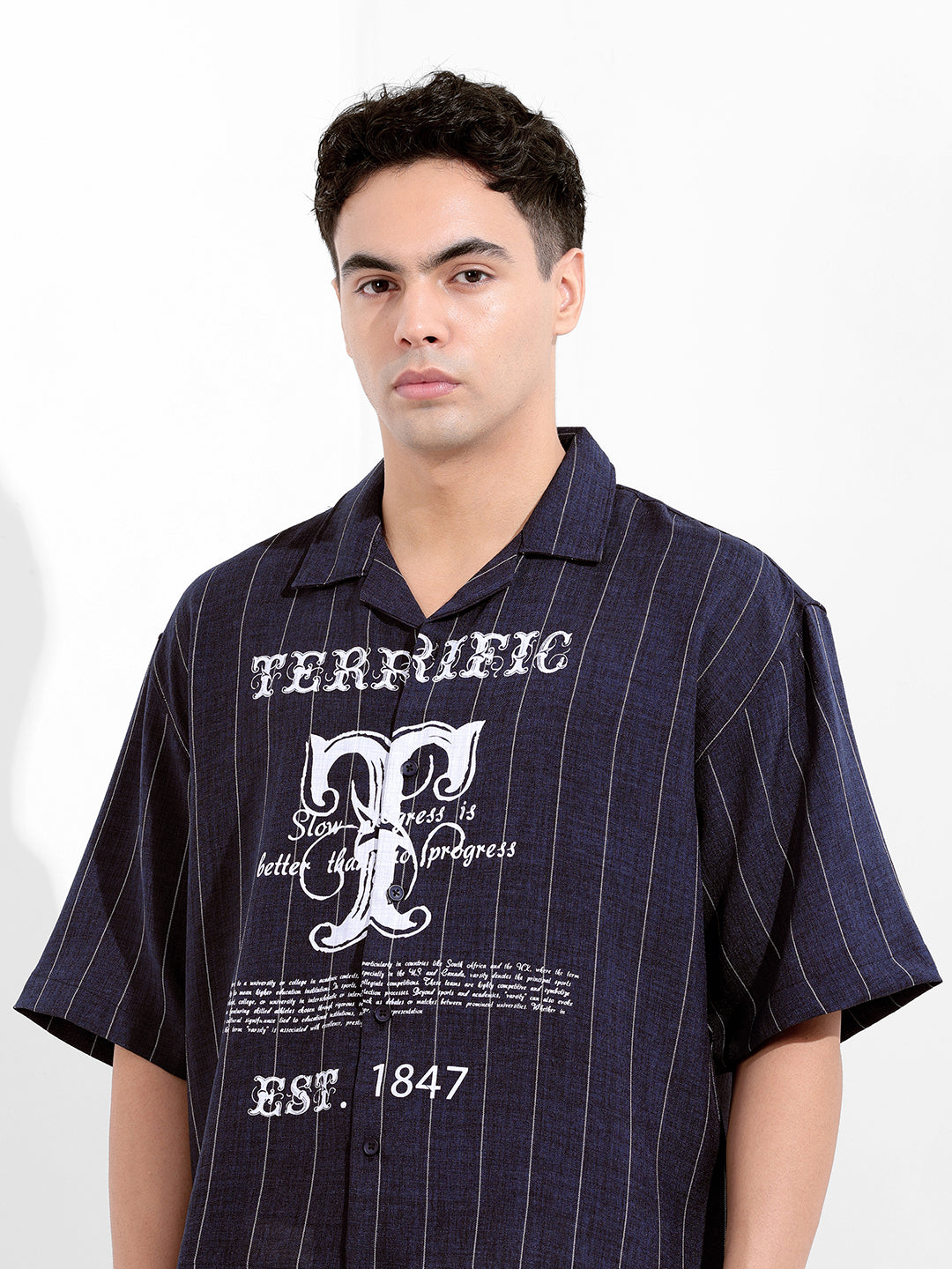 Men's Navy Blue Boxy Fit Striped Casual Shirt