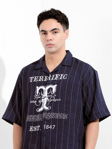 Men's Navy Blue Boxy Fit Striped Casual Shirt
