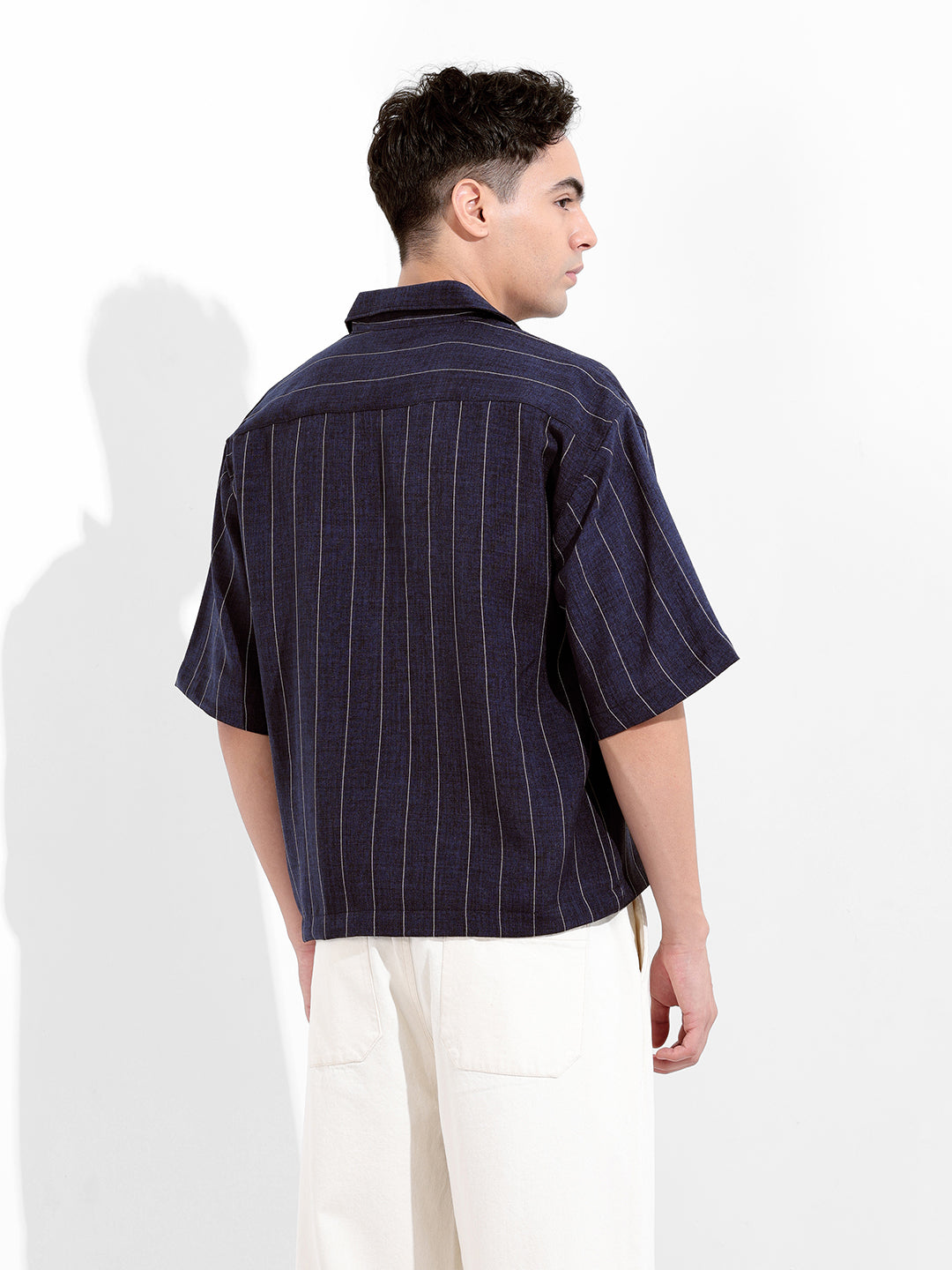 Men's Navy Blue Boxy Fit Striped Casual Shirt