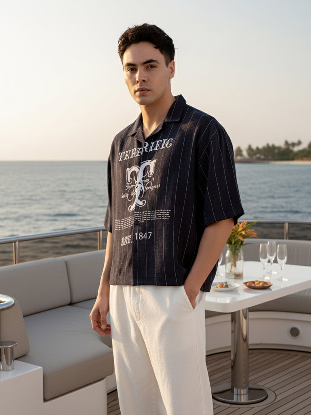 Men's Navy Blue Boxy Fit Striped Casual Shirt