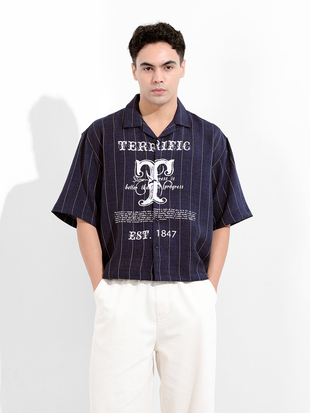 Men's Navy Blue Boxy Fit Striped Casual Shirt