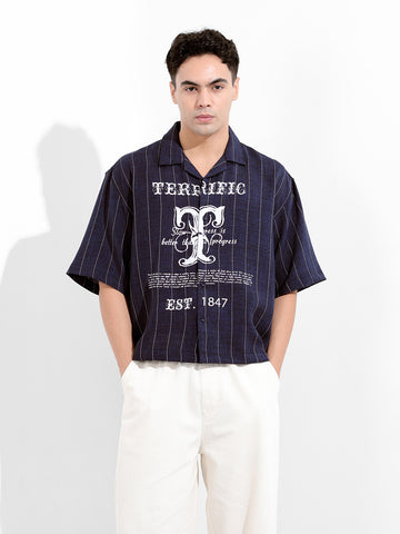 Men's Navy Blue Boxy Fit Striped Casual Shirt