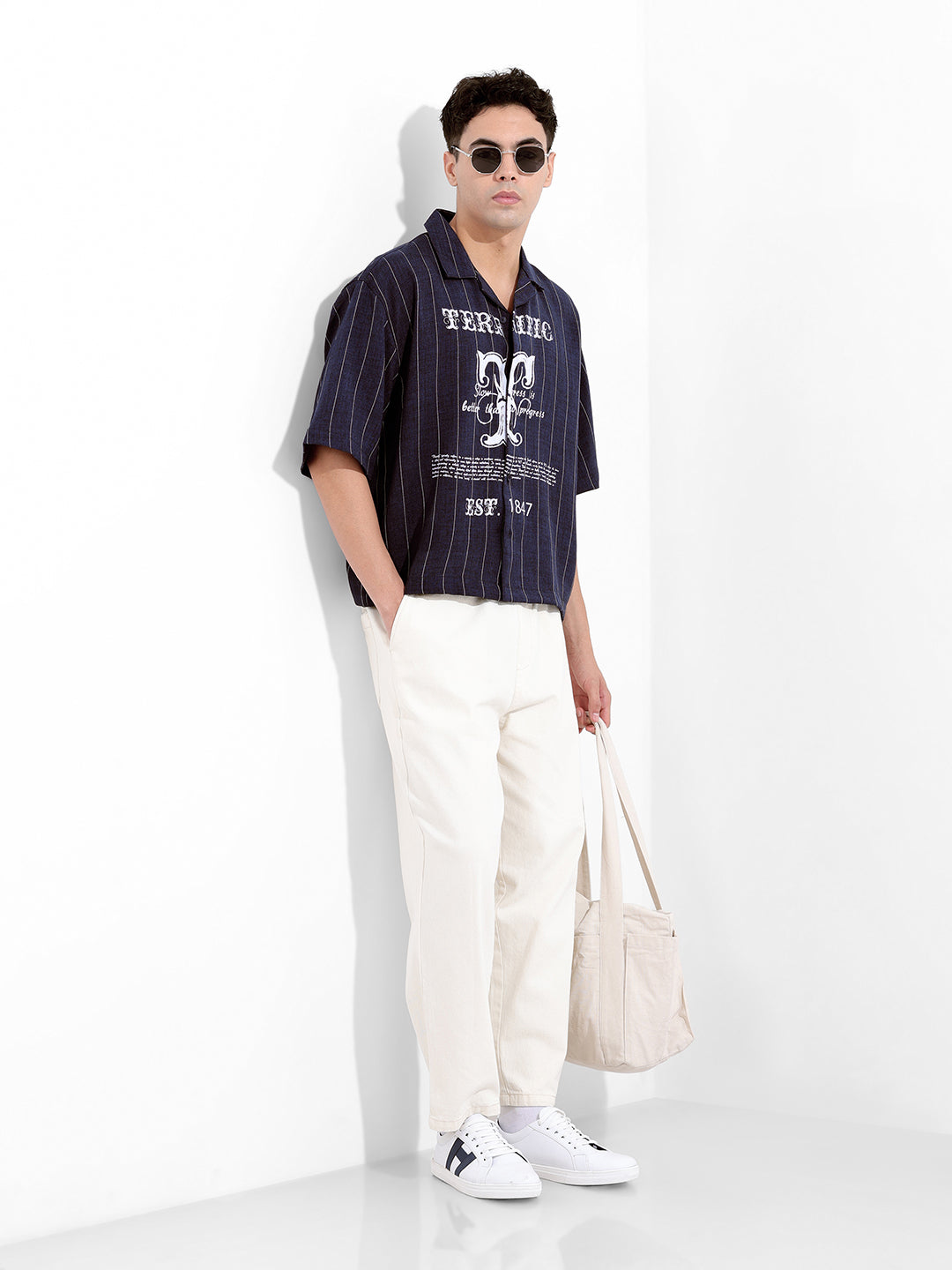 Men's Navy Blue Boxy Fit Striped Casual Shirt