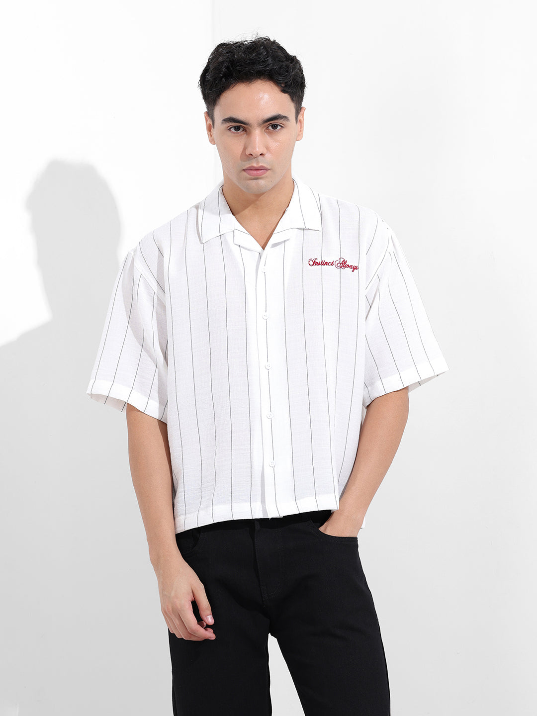 Men's White Boxy Fit Striped Casual Shirt