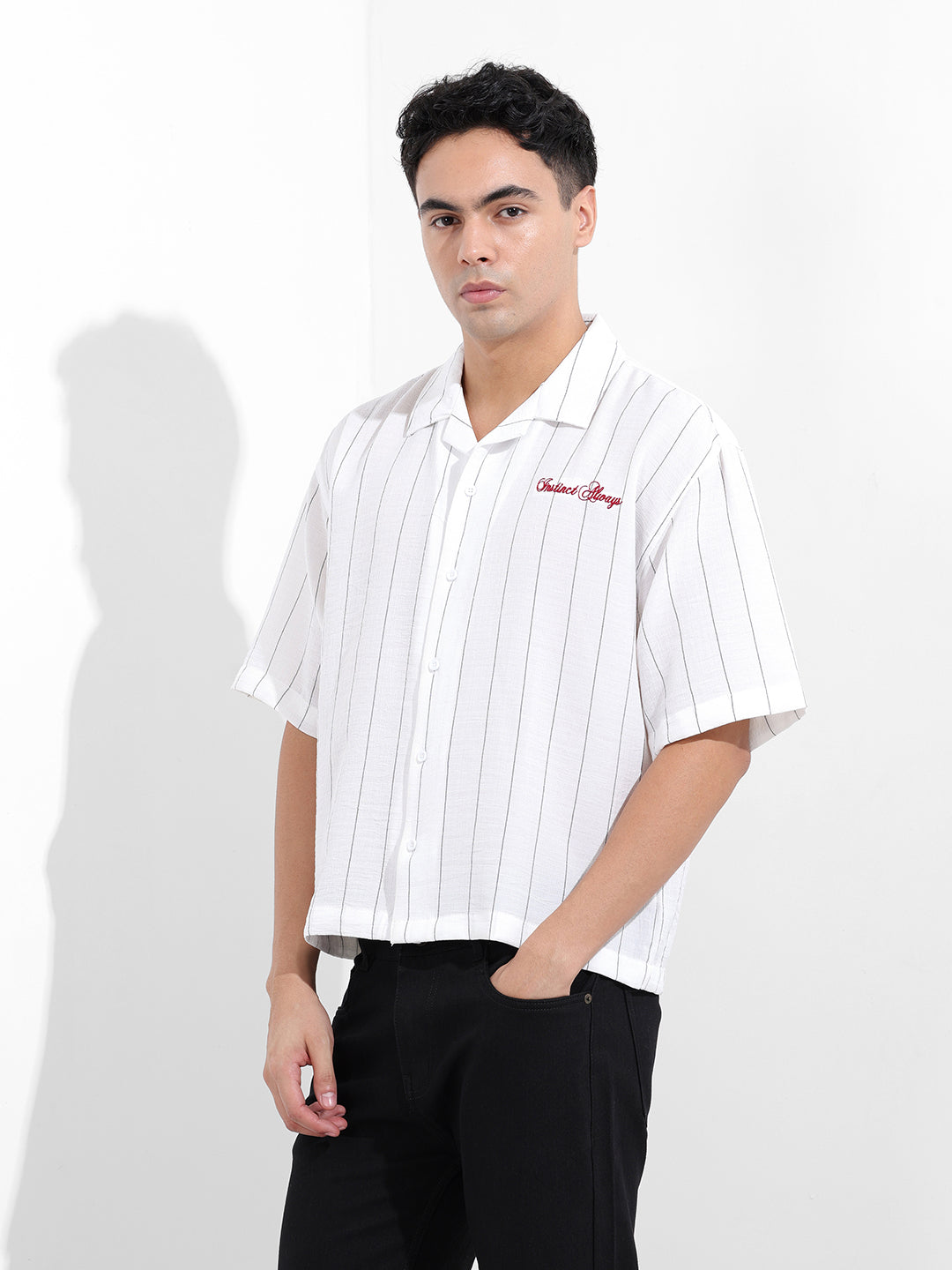 Men's White Boxy Fit Striped Casual Shirt