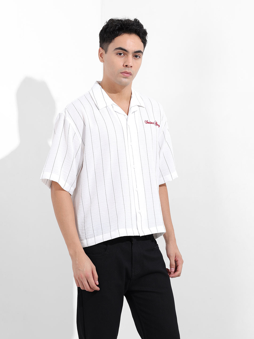 Men's White Boxy Fit Striped Casual Shirt