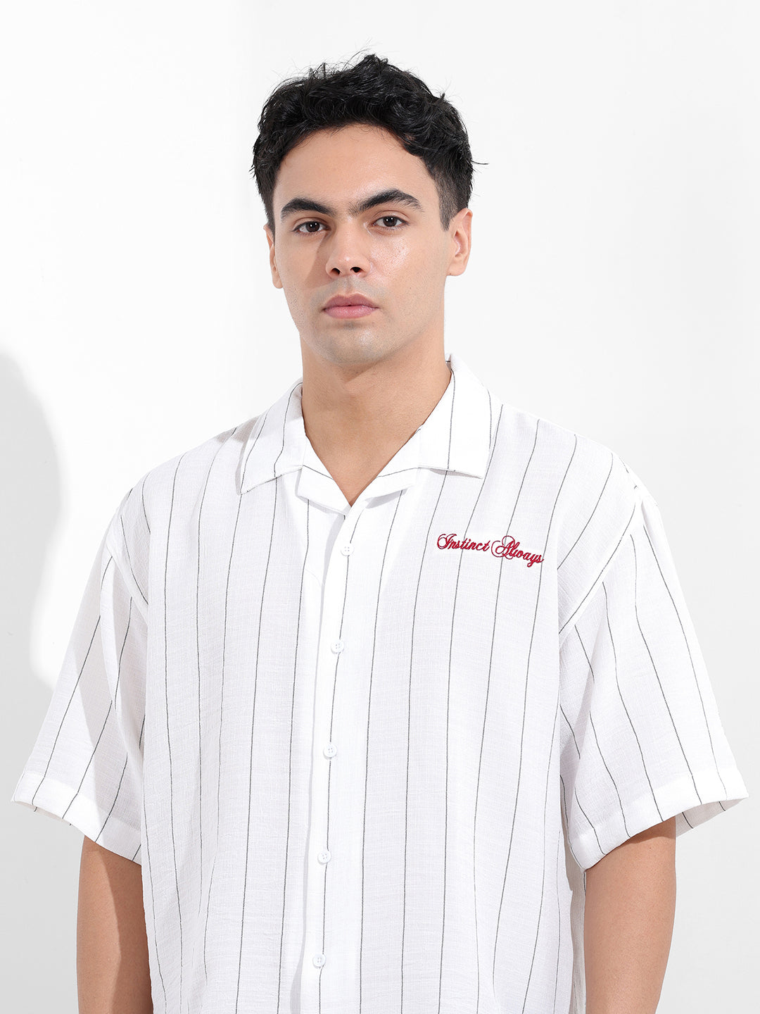 Men's White Boxy Fit Striped Casual Shirt