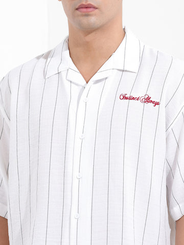 Men's White Boxy Fit Striped Casual Shirt