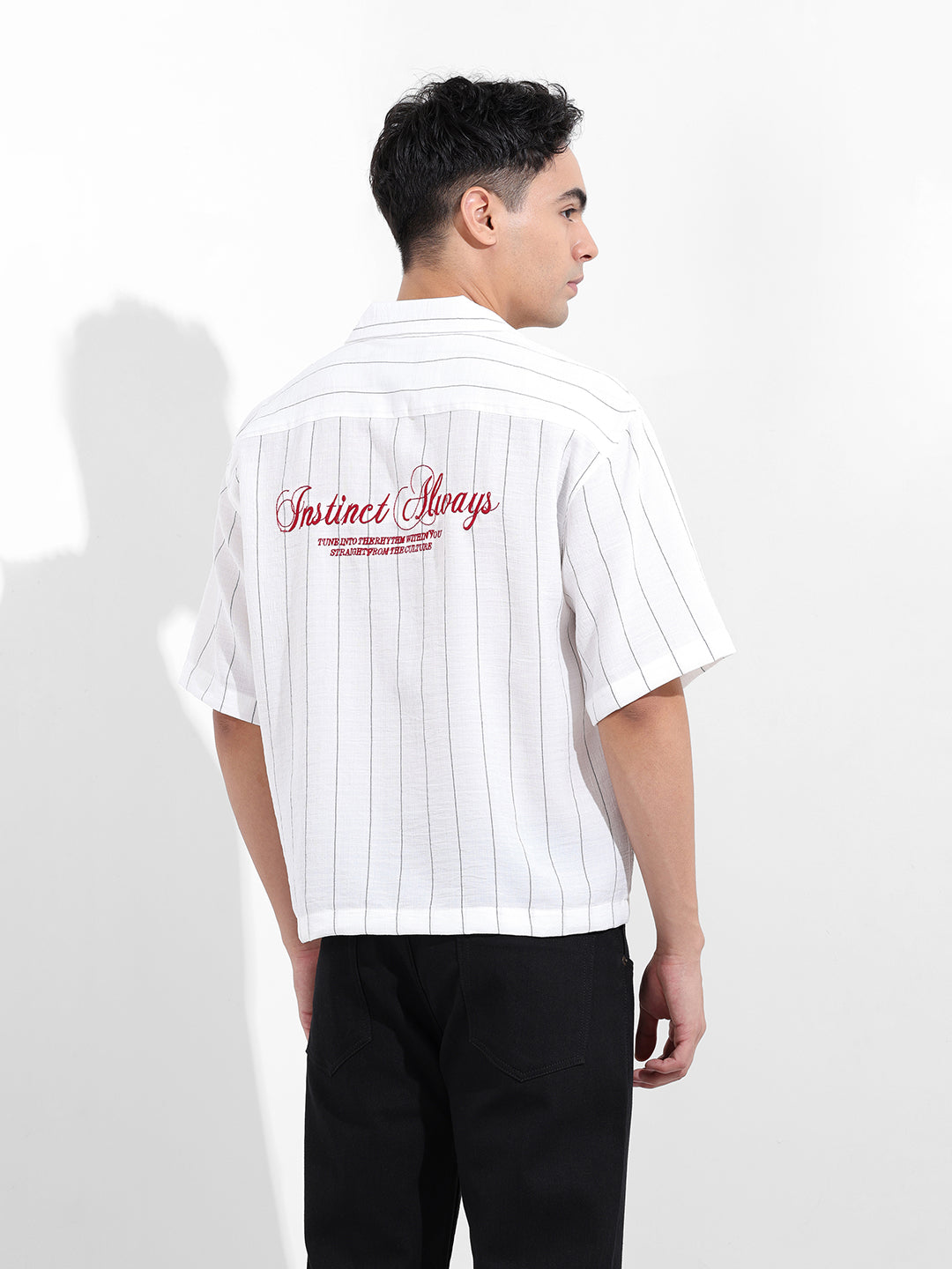 Men's White Boxy Fit Striped Casual Shirt