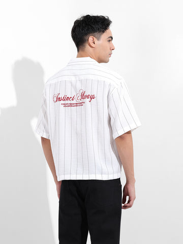 Men's White Boxy Fit Striped Casual Shirt