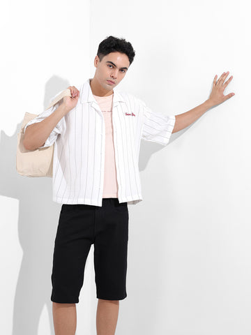 Men's White Boxy Fit Striped Casual Shirt